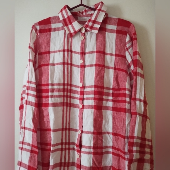 FLAX Pure Linen Red White Plaid Shirt S - Picture 2 of 6